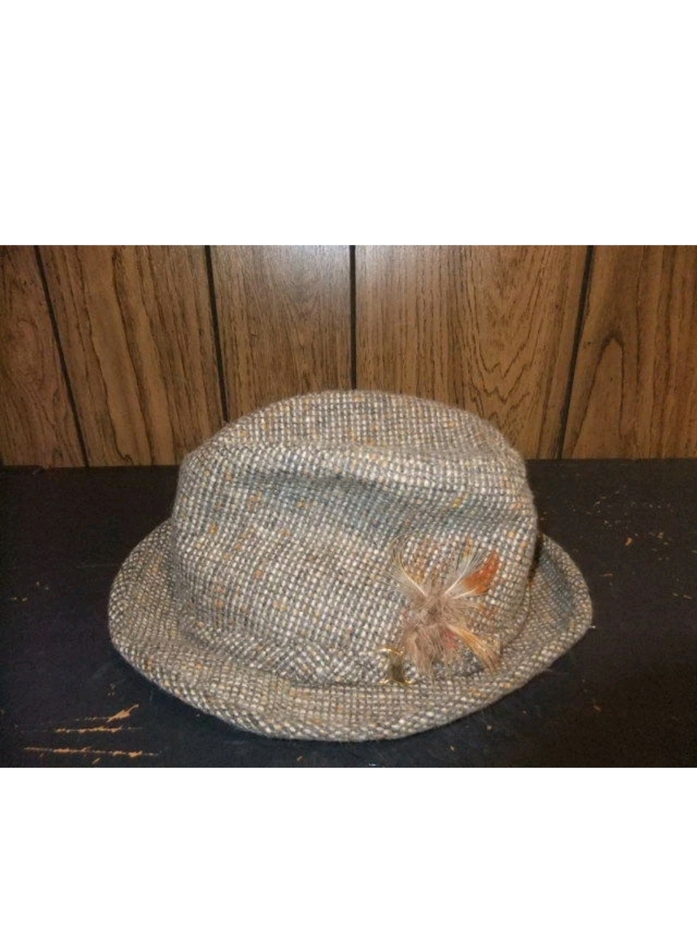 Brown Tweed Fedora Hat with Feather Detail Vintage London Fog Small